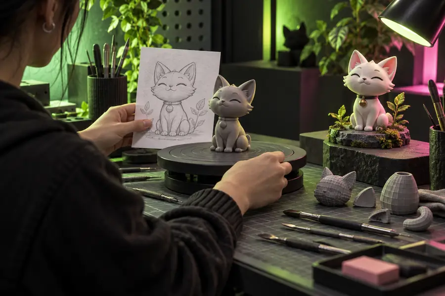 Guide artwork showing a generated 3D model workflow