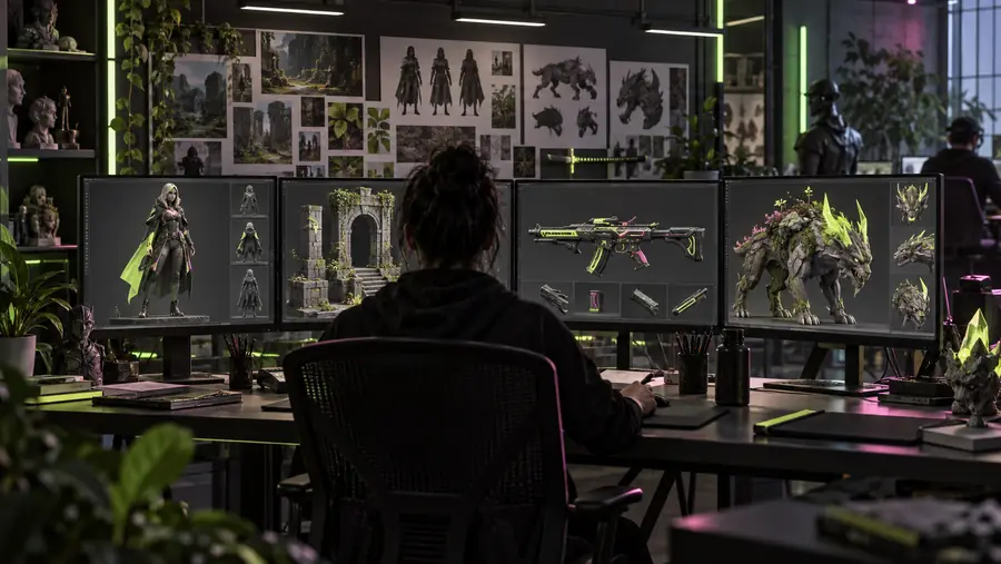 Stylized 3D modeling workspace with generated assets